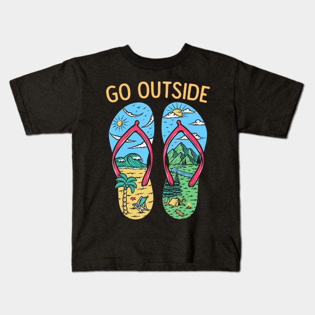 Funny Camping Graphic Go Outside Flip Flops Camper Kids T-Shirt by Zak N mccarville